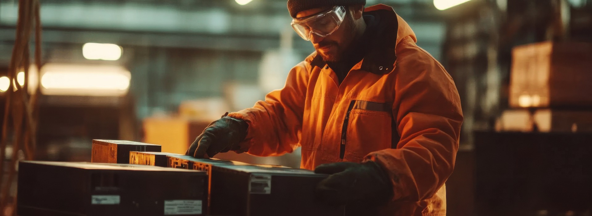 Arbeiter in orangefarbener Sicherheitsjacke beim sorgfältigen Umgang mit Lithium-Ionen-Batterien in einem Lagerhaus